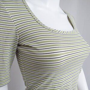 NWT BCBG Max Azria 3/4 Sleeve Scoop Neck Top Sage White Black Stripe Wicker Y2K